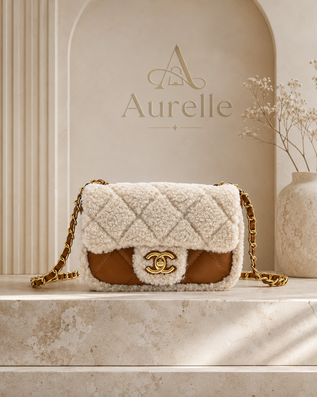 Ivory shearling flap shoulder bag on travertine plinth