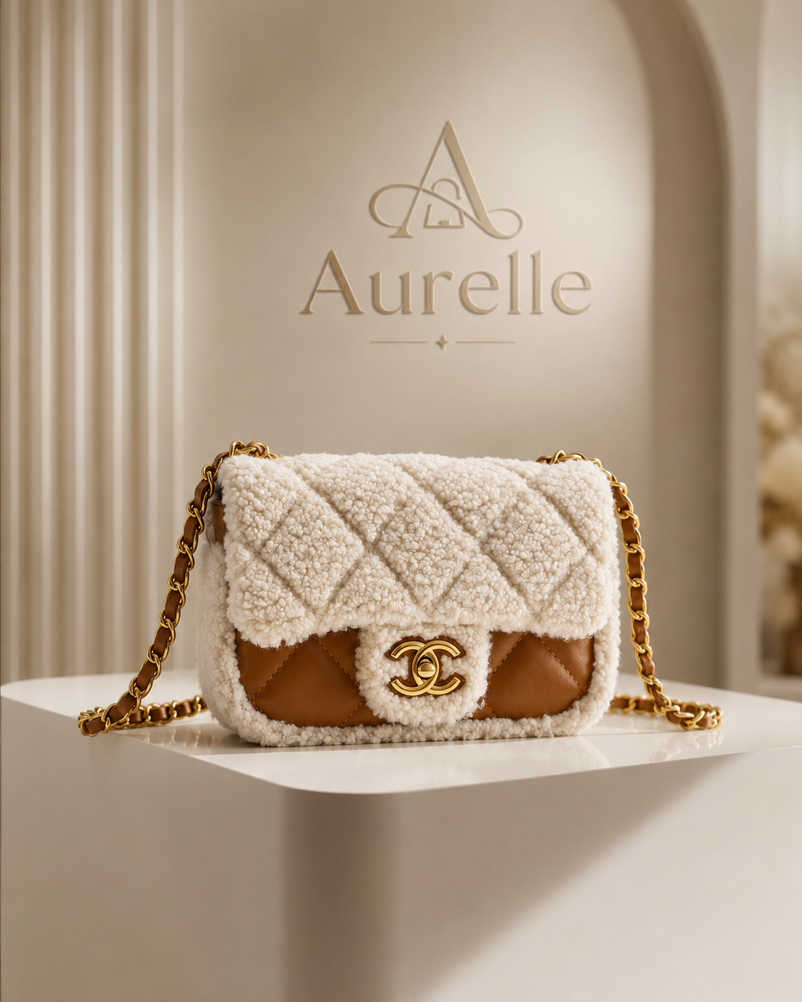 Ivory shearling flap shoulder bag on sculptural pedestal