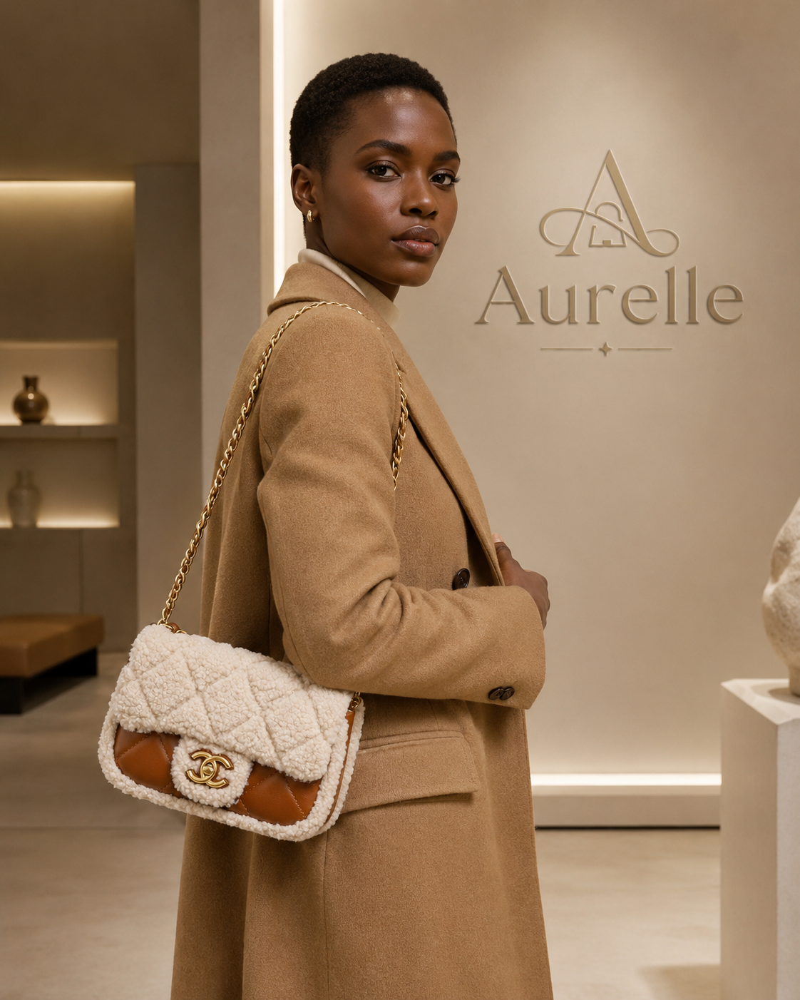 Model in camel coat carrying ivory shearling flap shoulder bag