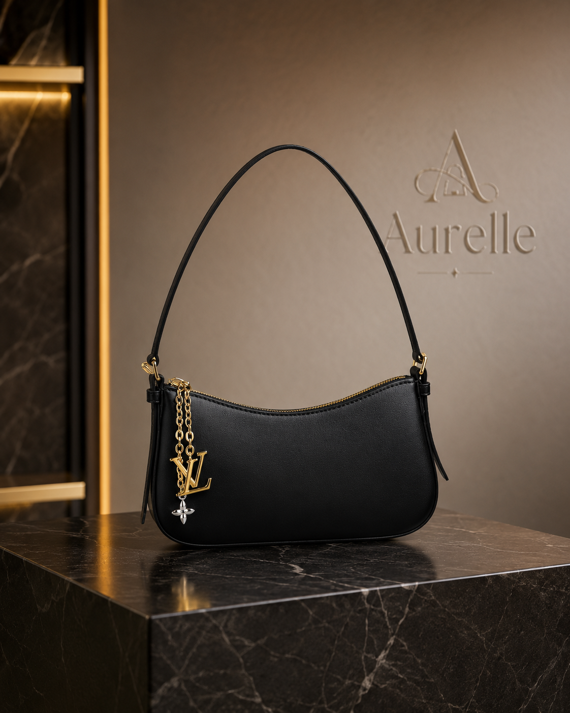 Black Aurelle shoulder bag on dark marble pedestal