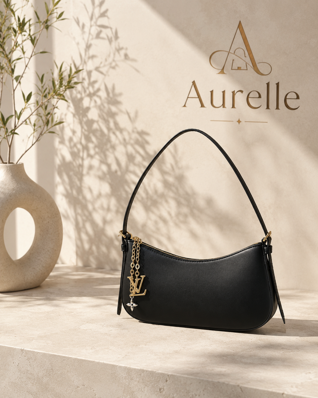 Black Aurelle shoulder bag with botanical shadow styling