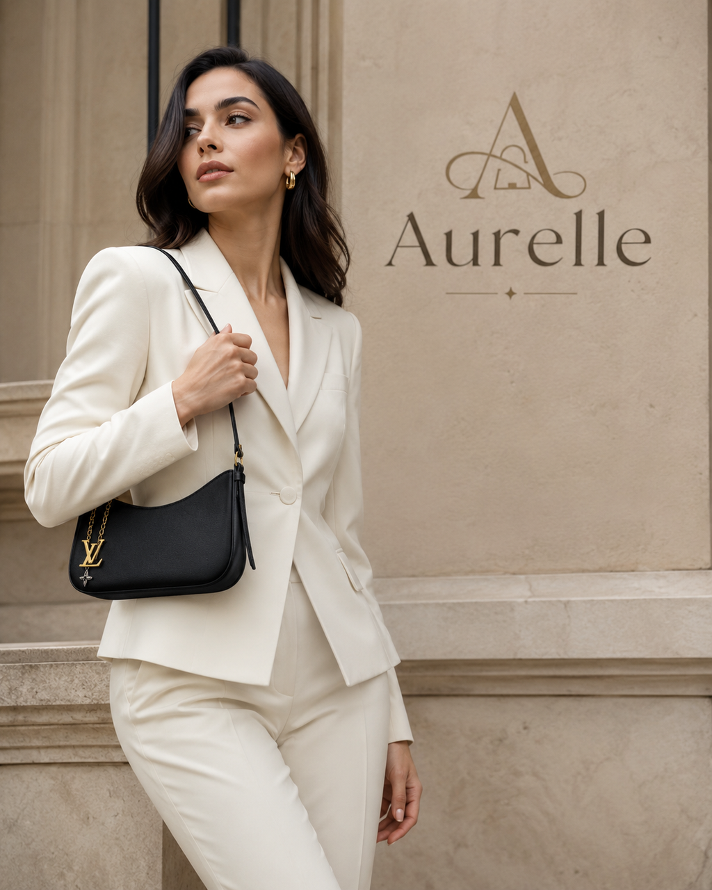 Model in ivory suit wearing black Aurelle shoulder bag