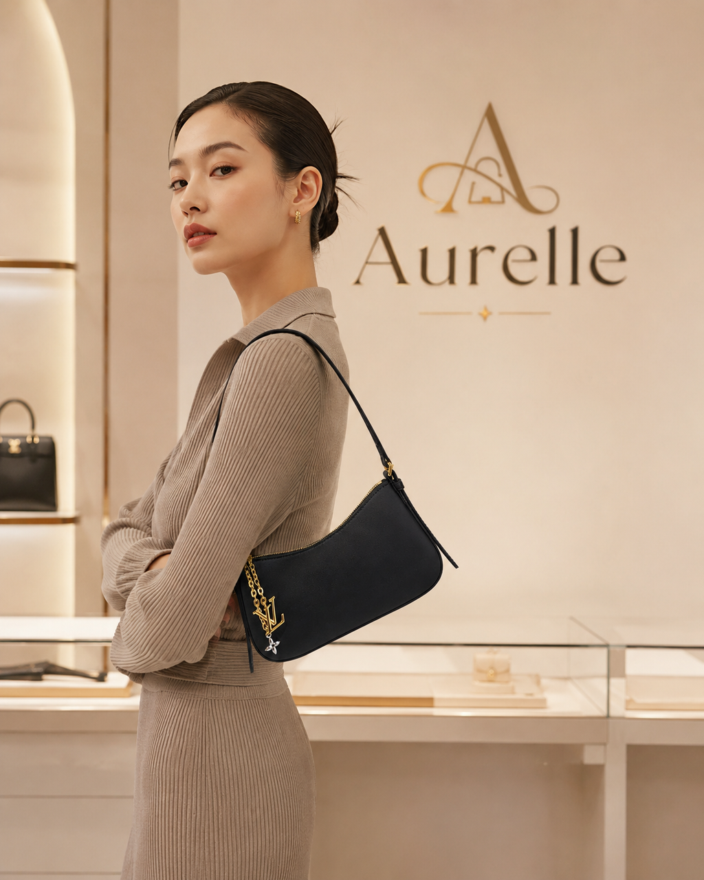 Model in taupe knitwear wearing black Aurelle shoulder bag