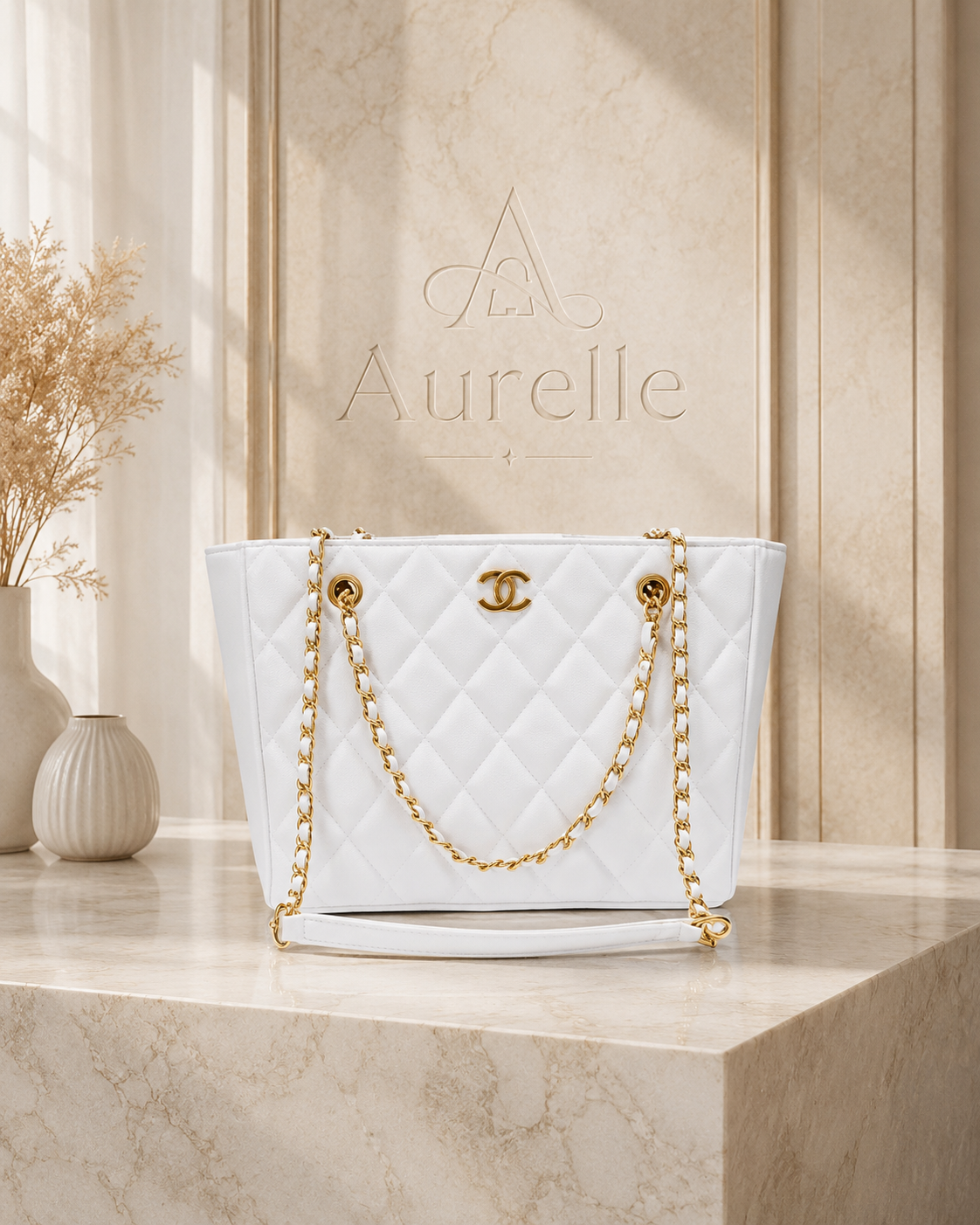 Ivory chain tote on marble pedestal